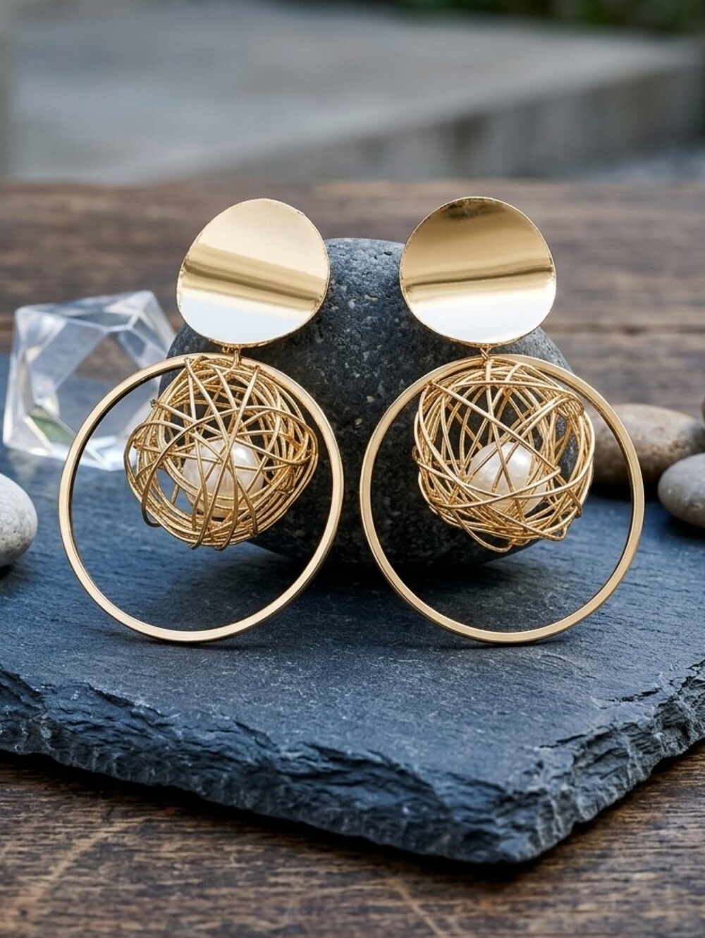 Gold Statement Earrings Wire Nest Ball Faux Pearl Geometric Circle Drop 2"
